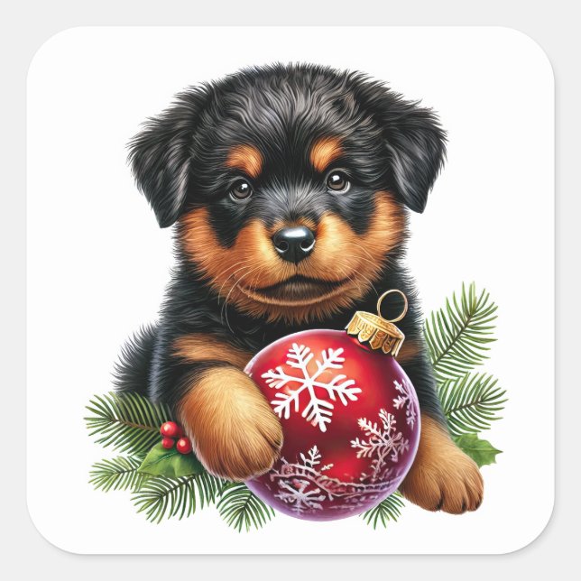 Sticker Carré Joli Rottweiler marionnette avec l'ornement de Noë (Devant)