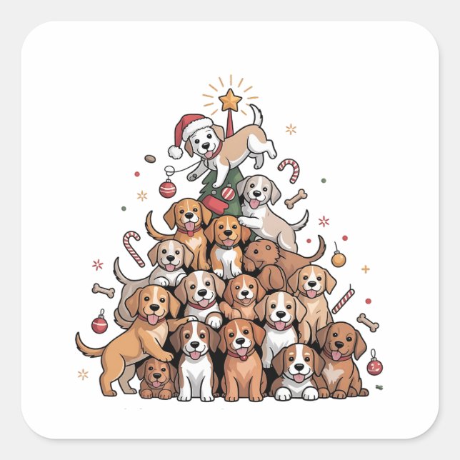 Sticker Carré Joli sapin de Noël Chien Xmas Arbre Chiot (Devant)
