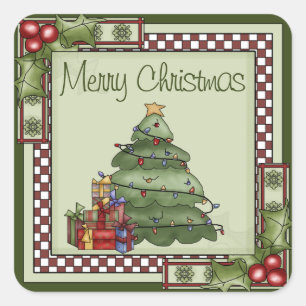 Sticker Carré Joli sapin de Noël et cadeaux Joyeux Noël