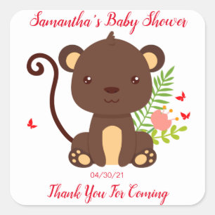 Sticker Carré Joli Singe Brown Avec Baby shower Fleurs Roses