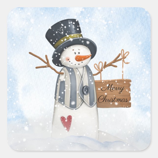 Sticker Carré Joli Snowman Enfants Aquarelle hiver Noël (Devant)