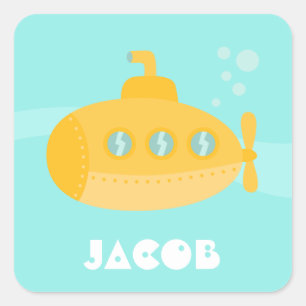 Sticker Carré Joli sous-marin jaune, navire océanique, pour enfa