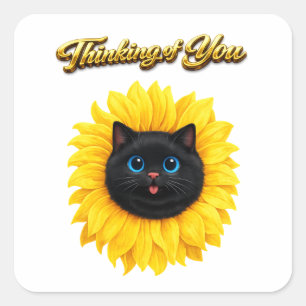 Sticker Carré Joli Tournesol Visage de Chat Noir Pensant à Vous