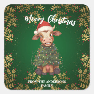 Sticker Carré Joli vache joyeux Noël arbre de Noël veau bœuf mot