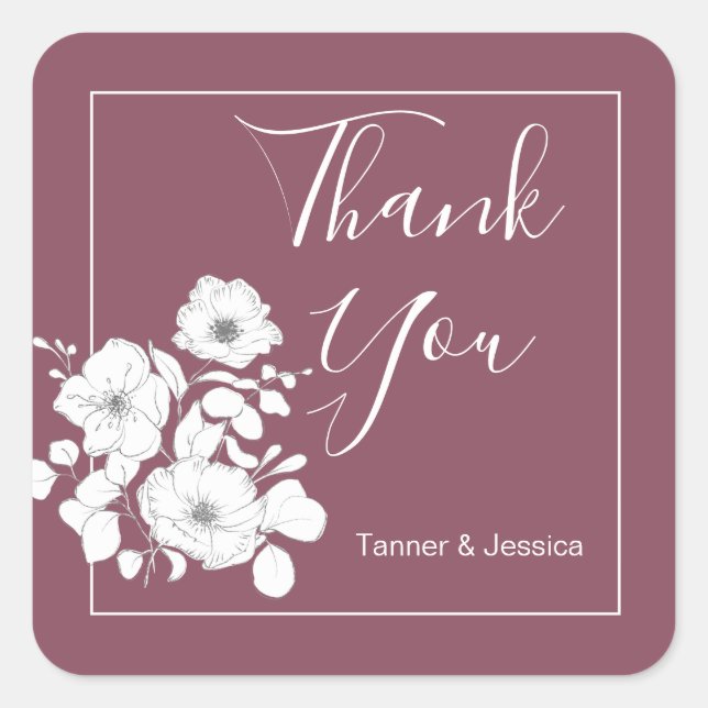 Sticker Carré Joli violet et blanc Mariage Floral Merci (Devant)