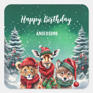 Sticker Carré Joli zoo de loup Noël arbre d'anniversaire fille f