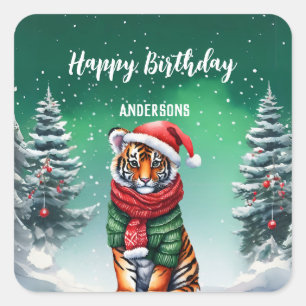 Sticker Carré Joli zoo de tigres Noël arbre anniversaire fille f