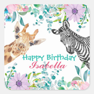 Sticker Carré joli zoo Giraffe animaux jungle Floral Anniversair