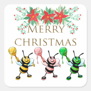 Sticker Carré Jolie Abeilles de Miel Or Joyeux Noël