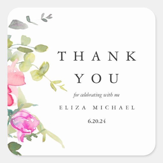 Sticker Carré Jolie aquarelle Baby shower Floral Merci (Devant)