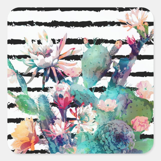 Sticker Carré Jolie aquarelle Cactus Floral Black Stripes (Devant)