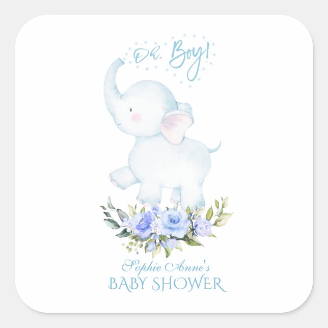 Sticker Carré Jolie aquarelle Elephant Oh Baby shower garçon (Devant)
