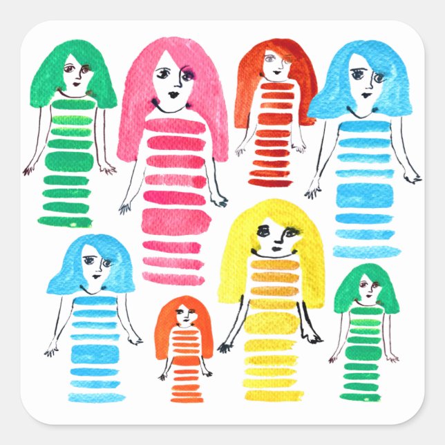 Sticker Carré Jolie aquarelle filles art moderne funky (Devant)