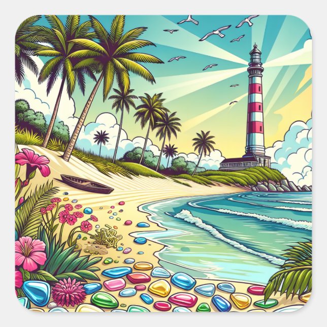 Sticker Carré Jolie bande dessinée style Paradis tropical (Devant)