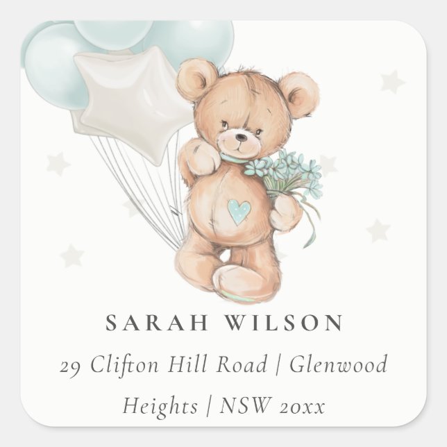 Sticker Carré Jolie Bear Balloon Floral Bunch Heart Adresse (Devant)