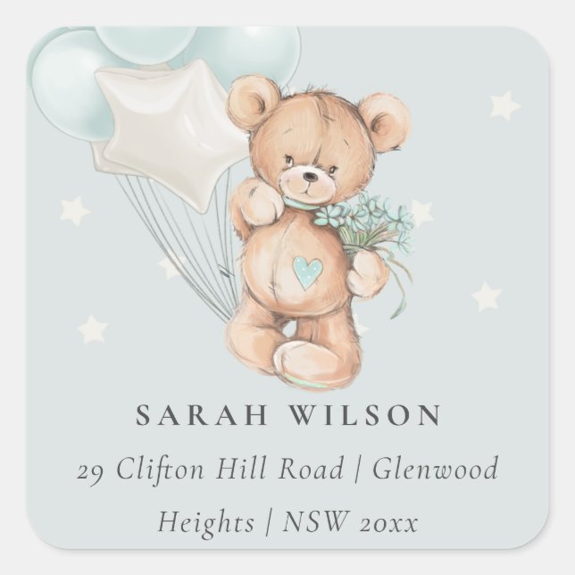 Sticker Carré Jolie Bear Balloon Floral Bunch Heart Adresse (Devant)