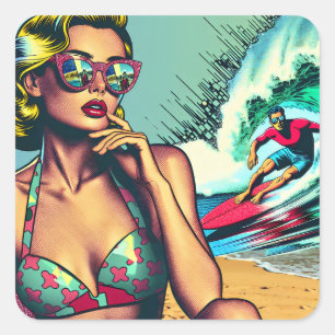 Sticker Carré Jolie Blonde Rétro Femme et Surfer Guy