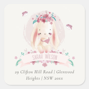 Sticker Carré Jolie Elegant Pink Floral Bunny & Birds Adresse