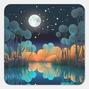 Sticker Carré Jolie étoile Sky Pleine lune Lake Scène