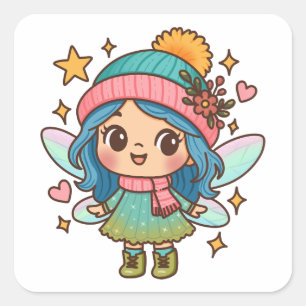 Sticker Carré Jolie fée d'hiver Art de fantaisie pastel Kawaii