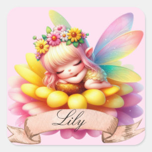 Sticker Carré Jolie Fée Endormie Rêves Suaves Floraux Fantaisist
