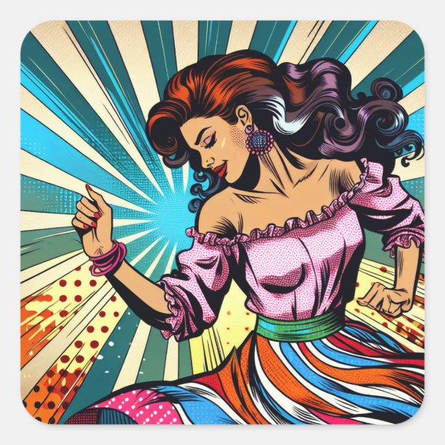 Sticker Carré Jolie Femme Dansant Salsa Pop Art (Devant)