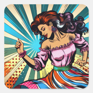 Sticker Carré Jolie Femme Dansant Salsa Pop Art