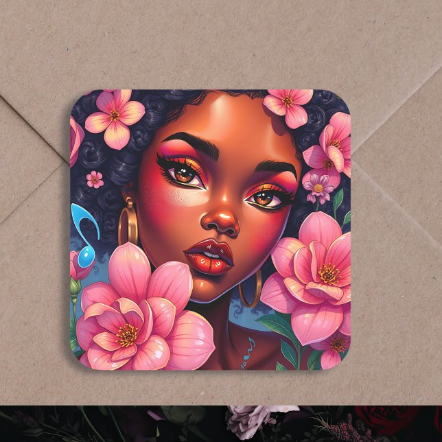 Sticker Carré Jolie femme de couleur aux fleurs roses (Créateur téléchargé)