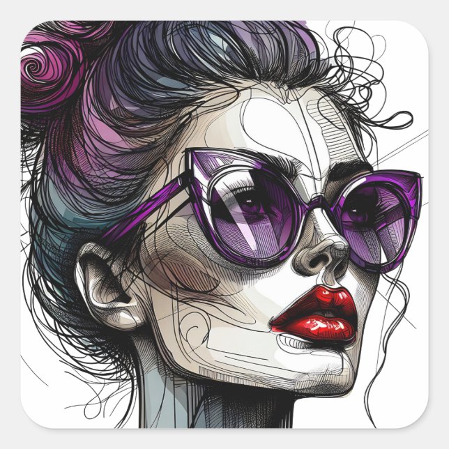 Sticker Carré Jolie femme en lunettes de soleil et rouge à lèvre (Devant)