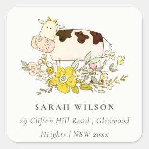 Sticker Carré Jolie ferme de vache jaune Floral pour enfants Adr