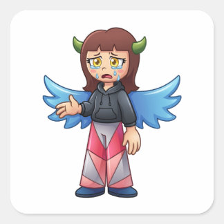 Sticker Carré Jolie fille ange démon pleurant aux ailes bleues P