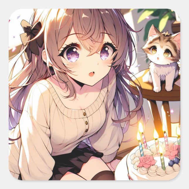 Sticker Carré Jolie fille Anime avec Kitten et gâteau d'annivers (Devant)