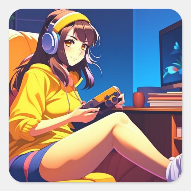 Sticker Carré Jolie fille Anime dans les casques (Devant)