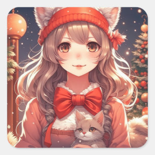 Sticker Carré Jolie fille Anime tenant Kitten Noël