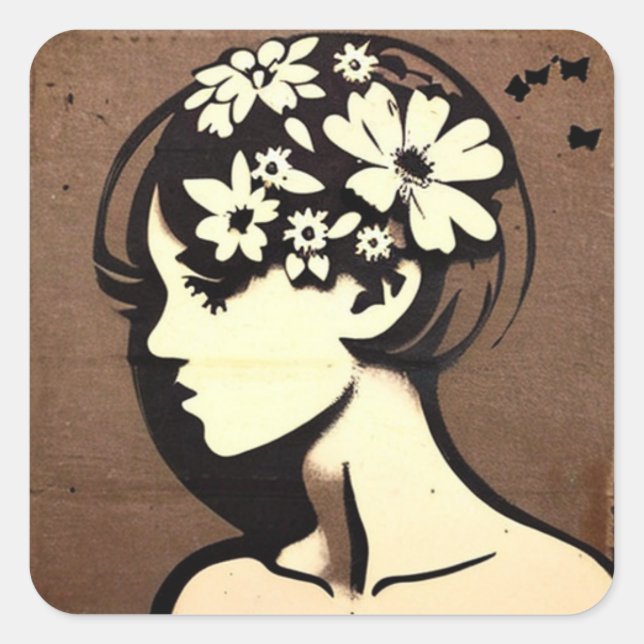 Sticker Carré Jolie fille avec des fleurs dans ses cheveux Simpl (Devant)