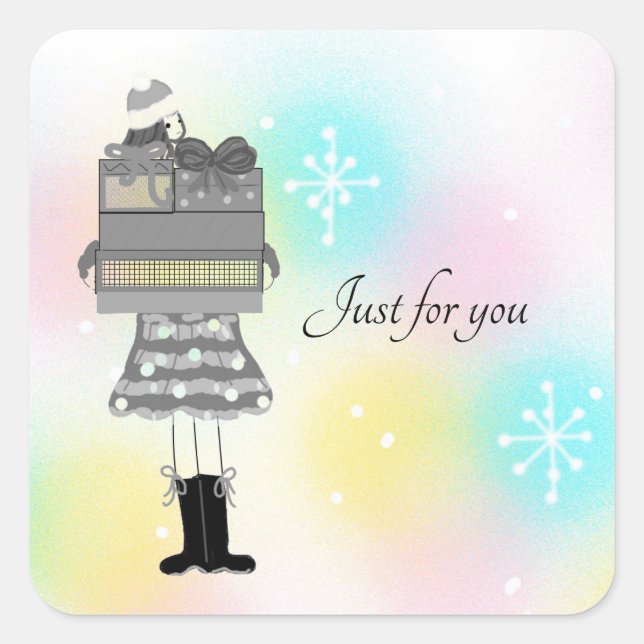 Sticker Carré Jolie fille avec des paquets de Noël (Devant)