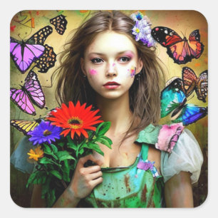 Sticker Carré Jolie fille avec Fleur Rouge et Papillons