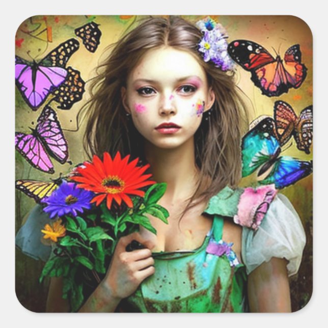 Sticker Carré Jolie fille avec Fleur Rouge et Papillons (Devant)
