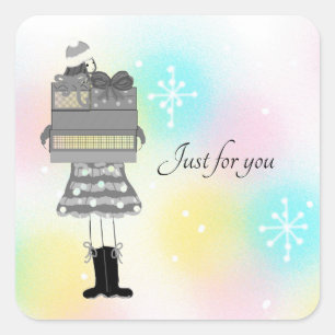 Sticker Carré Jolie Fille Avec Paquets De Noël