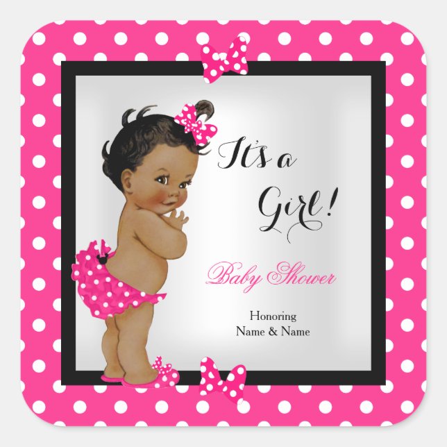 Sticker Carré Jolie fille Baby shower Hot rose Noir Ethnique (Devant)