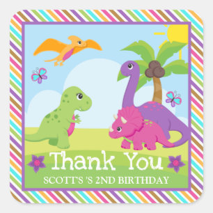 Sticker Carré Jolie fille colorée Dinosaur Amis Anniversaire