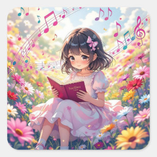 Sticker Carré Jolie Fille d'Anime Lisant un Livre