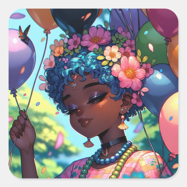 Sticker Carré Jolie fille d'Anime noire avec anniversaire (Devant)