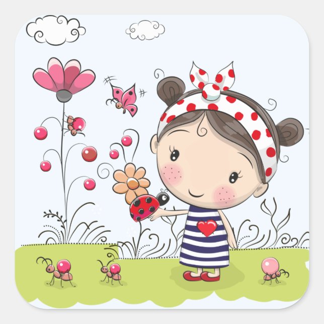 Sticker Carré Jolie fille en dessin animé avec Ladybug dans la s (Devant)