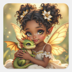 Sticker Carré Jolie Fille Fée Anime et Dragon Chibi