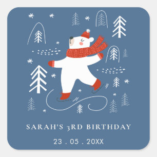 Sticker Carré Jolie forêt d'hiver Ours Ski N'Importe Quel Âge En