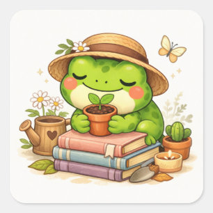 Sticker Carré Jolie grenouille tenant un pot de plante