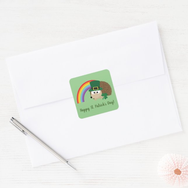 Sticker Carré Jolie Hedgehog Leprechaun Saint Patrick's Day (Enveloppe)