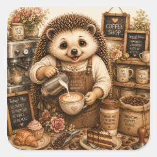 Sticker Carré Jolie illustration aquarelle d'un barista hérisson