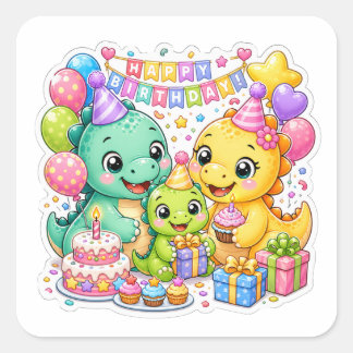 Sticker Carré Jolie illustration de dinosaure pour fête d'annive
